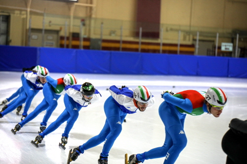 Italian national short track skaters training at the KU Ice Rink